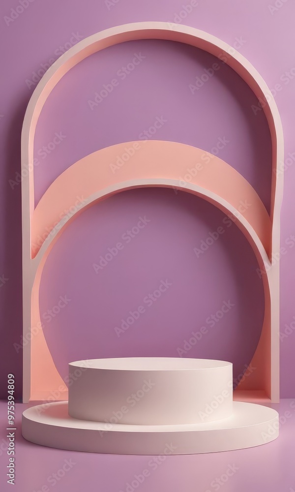 A white pedestal stands against a purple backdrop, flanked by two curved arches in pink and peach hues. A white pedestal stands against a purple backdrop, flanked by two curved arches in pink and peach hues.
