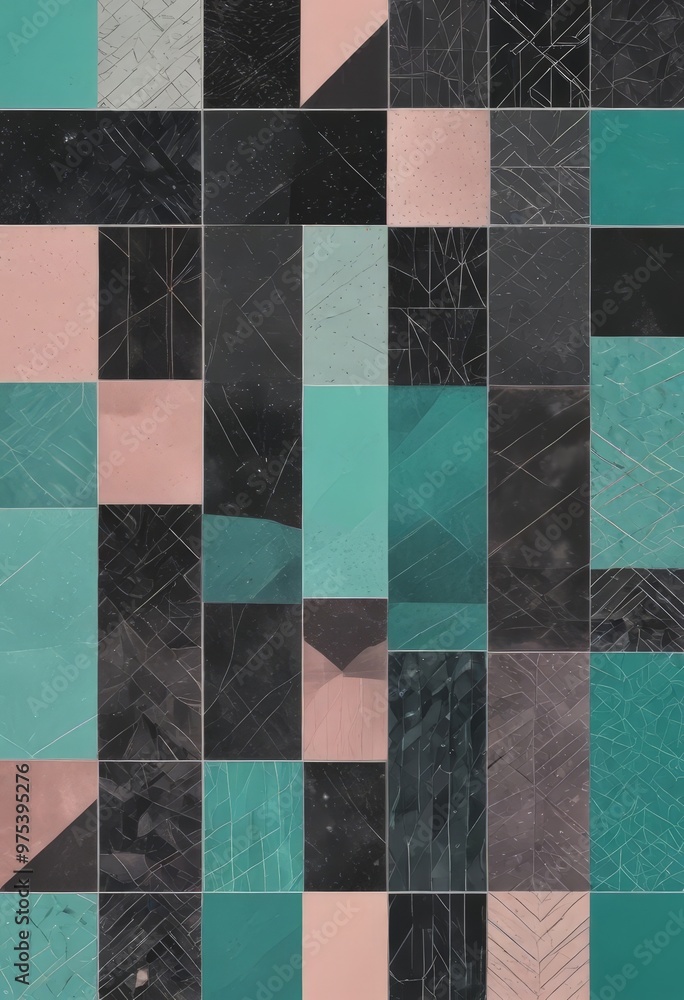 The image is a collage of various geometric shapes and patterns in shades of black, pink, and teal, arranged in a grid-like pattern. The image is a collage of various geometric shapes and patterns in shades of black, pink, and teal, arranged in a grid-like pattern.