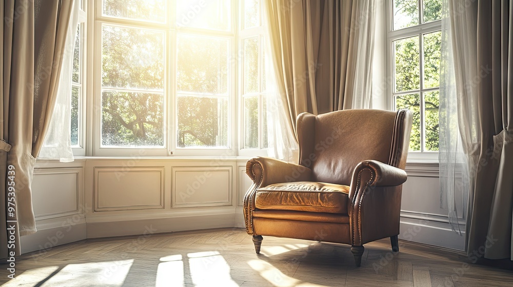 A luxury leather armchair placed in front of a large bay window, with sunlight filtering through sheer curtains. A luxury leather armchair placed in front of a large bay window, with sunlight filtering through sheer curtains.
