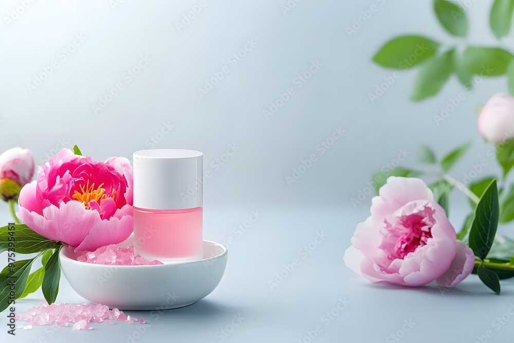 A beautiful arrangement of pink peonies and a skincare bottle on a soft blue background, perfect for beauty and wellness themes. A beautiful arrangement of pink peonies and a skincare bottle on a soft blue background, perfect for beauty and wellness themes.
