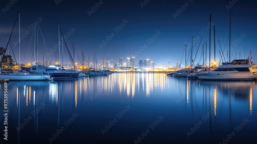 A marina at night with boats gently bobbing in the water, their lights reflecting on the calm surface and the city skyline glowing in the distance. A marina at night with boats gently bobbing in the water, their lights reflecting on the calm surface and the city skyline glowing in the distance.