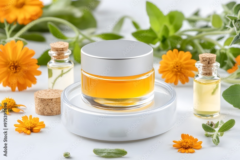 Aesthetic composition of essential oils and a glass jar among vibrant flowers and lush greenery, ideal for wellness and beauty themes. Aesthetic composition of essential oils and a glass jar among vibrant flowers and lush greenery, ideal for wellness and beauty themes.