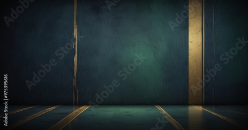 a dark, textured wall with a vertical gold stripe running across it, creating a striking contrast against the greenish-blue background.