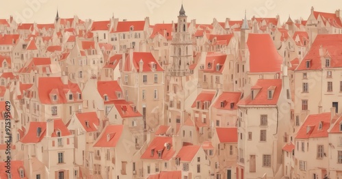 a densely packed cityscape with numerous buildings featuring red roofs, creating a visually striking and intricate urban environment.