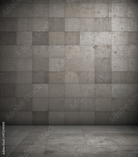 a large, empty room with a concrete wall and a tiled floor. The wall is composed of square tiles, each varying in size and color, creating a textured and visually
