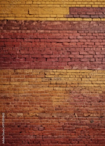 A close-up view of a brick wall with a gradient of red, yellow, and orange bricks, creating a textured and visually appealing pattern.