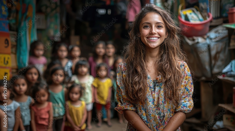A smiling woman stands in a crowded informal school setting surrounded by children in vibrant clothing, showcasing an atmosphere of joy and education A smiling woman stands in a crowded informal school setting surrounded by children in vibrant clothing, showcasing an atmosphere of joy and education