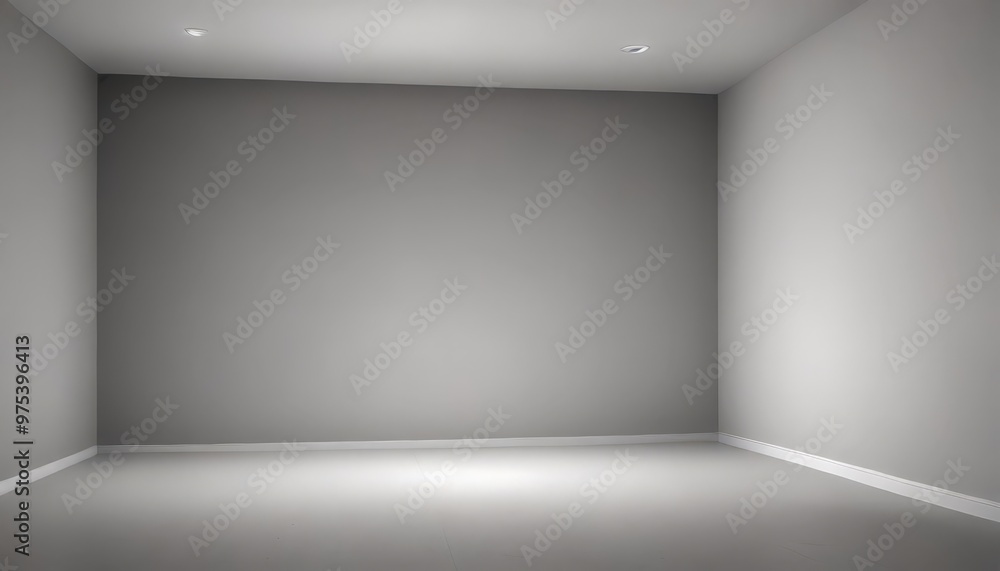 An empty room with a gray wall and a white floor, illuminated by two recessed lights on the ceiling. An empty room with a gray wall and a white floor, illuminated by two recessed lights on the ceiling.
