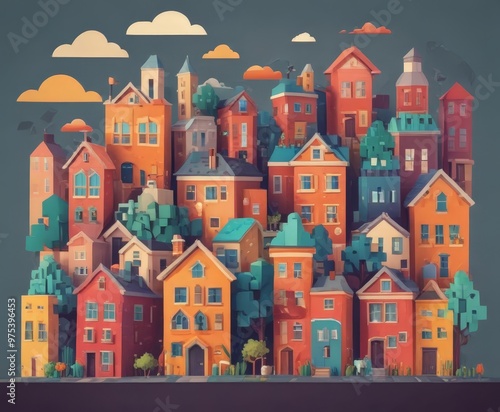 A whimsical, stylized illustration of a cityscape with colorful houses and buildings, set against a dark blue sky with clouds.