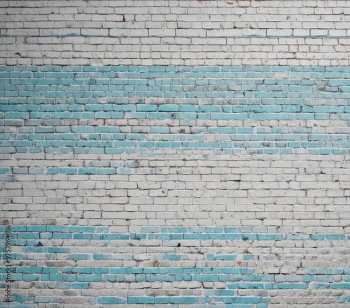 A close-up view of a white brick wall with alternating blue and white stripes.