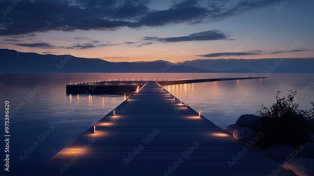 Naklejka premium A modern pier lit by soft, warm lights extending over a calm ocean at night, with the faint outline of mountains in the distance.