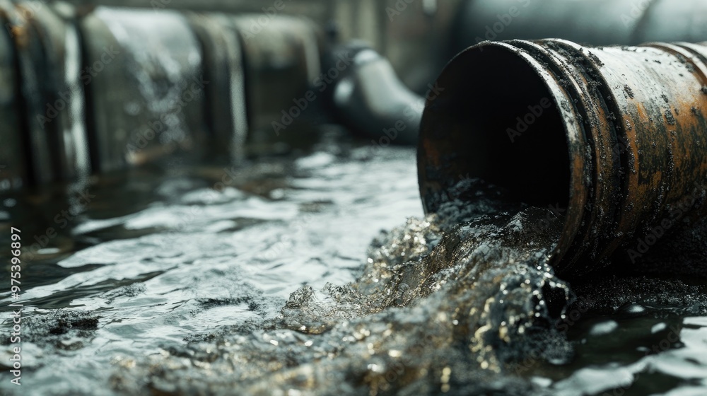 Dirty wastewater pouring from an industrial pipe into a river, representing pollution and environmental harm, with a focus on the murky water Dirty wastewater pouring from an industrial pipe into a river, representing pollution and environmental harm, with a focus on the murky water