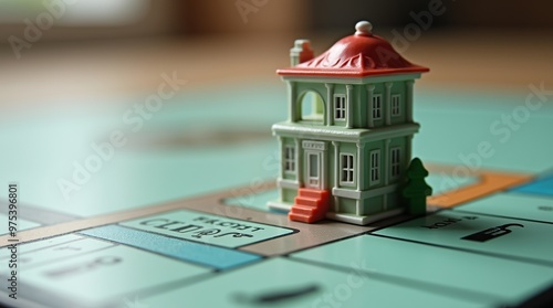 Closeup of plastic house on Monopoly board game property photo