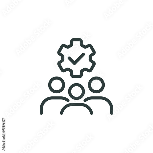 Teamwork development, team training, crm system outline icon. Line sign group of three people with a gear. Vector isolated pictograms for web on white background editable stroke.