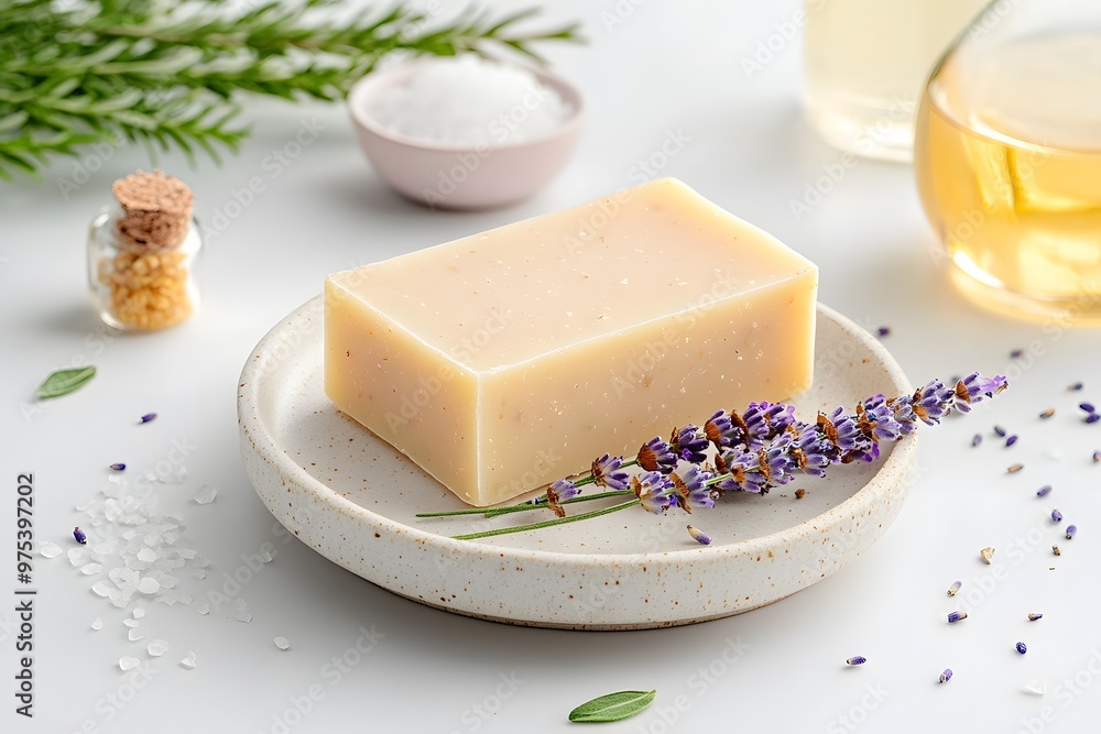 A serene arrangement featuring a handmade soap bar, lavender, and essential oil, perfect for relaxation and skincare. A serene arrangement featuring a handmade soap bar, lavender, and essential oil, perfect for relaxation and skincare.
