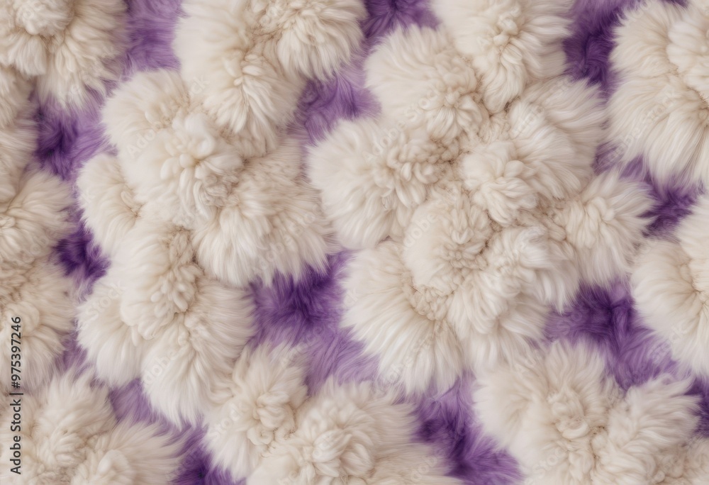 A close-up image of a textured fabric with a pattern of white and purple fur or hair. A close-up image of a textured fabric with a pattern of white and purple fur or hair.