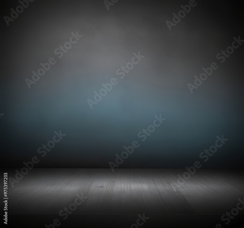 A dark, empty room with a wooden floor and a textured wall in the background.