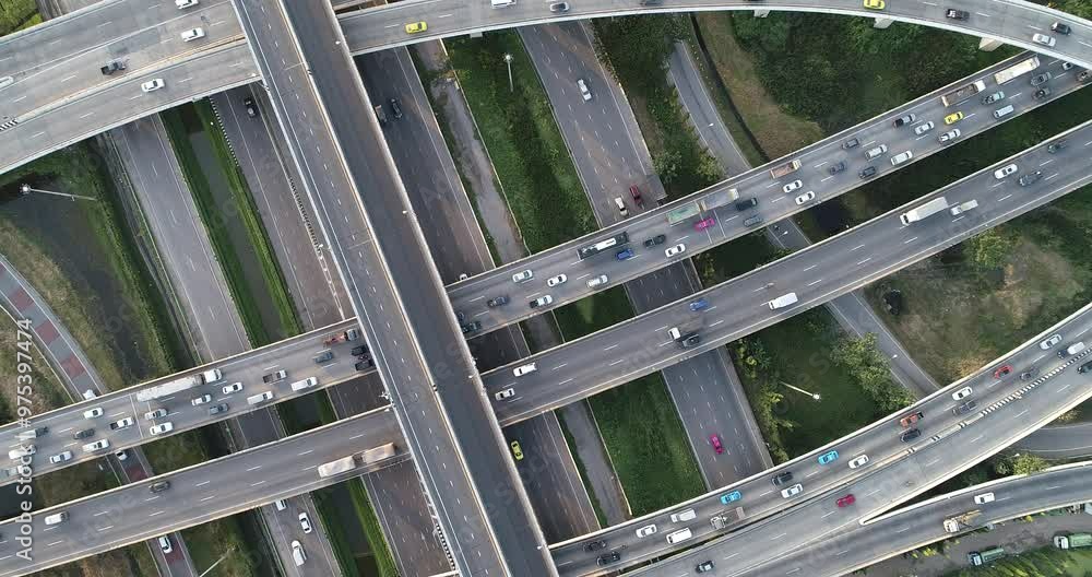 Aerial view city transport junction cross road with car movement transport industry Aerial view city transport junction cross road with car movement transport industry