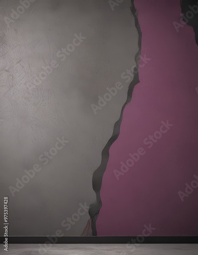 a wall with a vertical crack running through it, transitioning from a light gray color at the top to a deep purple at the bottom.