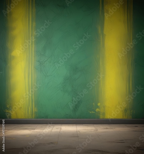 a green wall with yellow vertical stripes, creating a vibrant and dynamic visual effect.