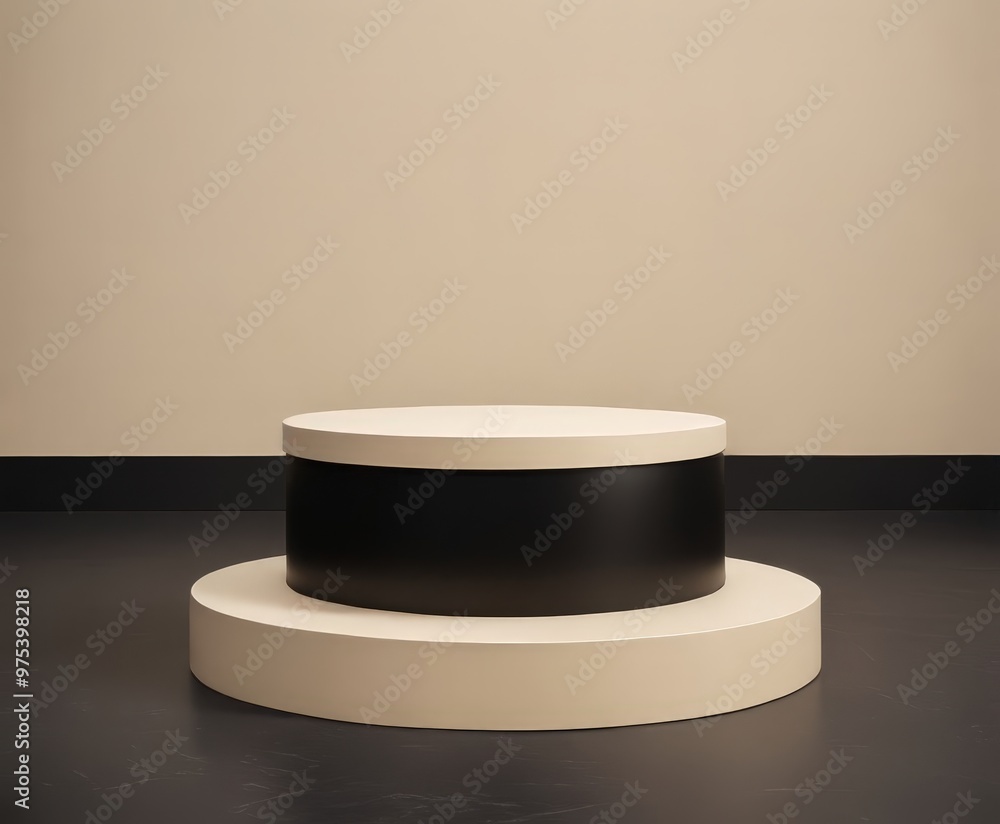 A black and white pedestal with a white base and a black top sits on a dark floor, with a beige wall in the background. A black and white pedestal with a white base and a black top sits on a dark floor, with a beige wall in the background.