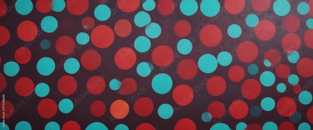 A close-up view of a pattern of red and blue polka dots on a dark background. A close-up view of a pattern of red and blue polka dots on a dark background.