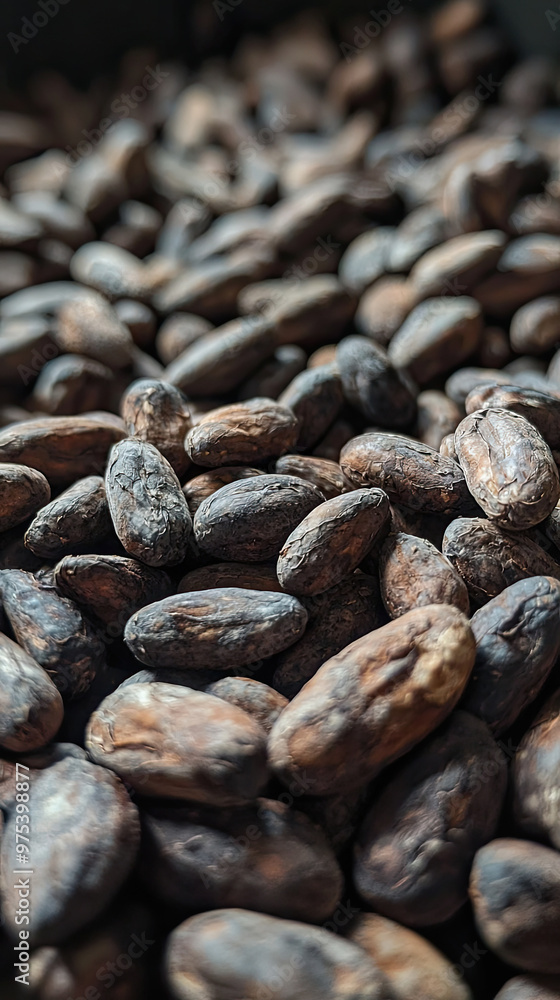 Dried cacao beans ready for roasting, showcasing their rich texture and earthy tones. These beans are essential for chocolate production and evoke sense of natural goodness Dried cacao beans ready for roasting, showcasing their rich texture and earthy tones. These beans are essential for chocolate production and evoke sense of natural goodness