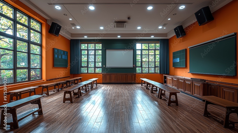 Bright and spacious classroom with wooden benches and large windows, perfect for learning and collaboration during daytime hours Bright and spacious classroom with wooden benches and large windows, perfect for learning and collaboration during daytime hours