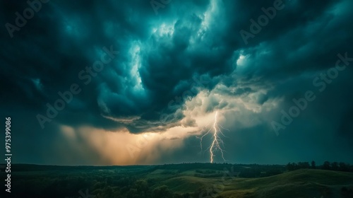 Thunderstorm over green landscape with striking lightning, dramatic sky. Nature's power and weather phenomena concept