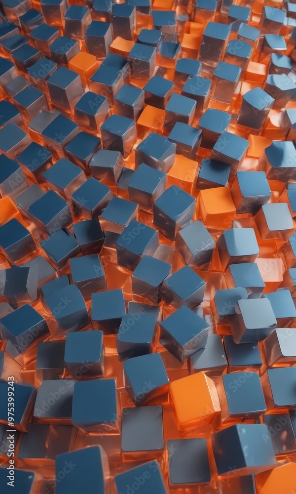 Fototapeta premium The image presents a 3D of a geometric pattern composed of numerous cubes in shades of blue and orange, arranged in a grid-like structure.