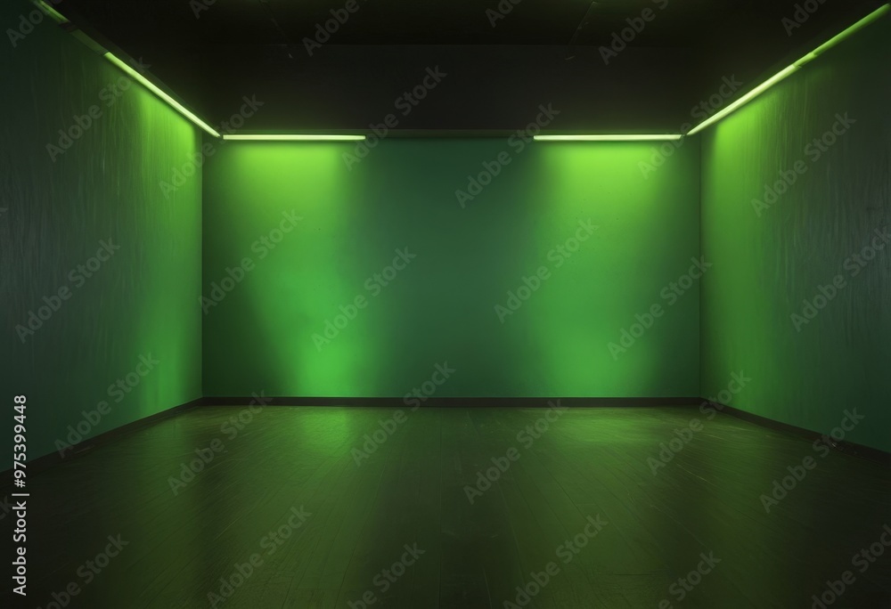a dimly lit room with green walls and a wooden floor, creating a minimalist and serene atmosphere. a dimly lit room with green walls and a wooden floor, creating a minimalist and serene atmosphere.