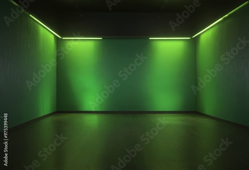 a dimly lit room with green walls and a wooden floor, creating a minimalist and serene atmosphere.