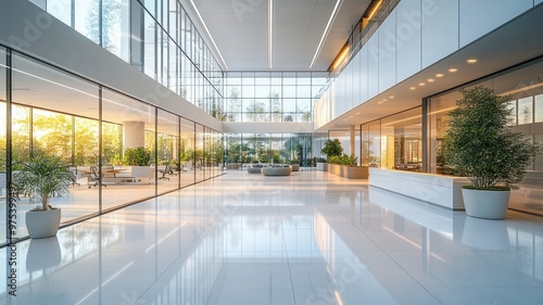 Modern office interior with glass walls and indoor plants.