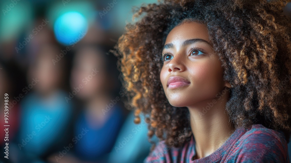 Young girl with curly hair engaged in thoughtful listening during an educational event at a community center Young girl with curly hair engaged in thoughtful listening during an educational event at a community center