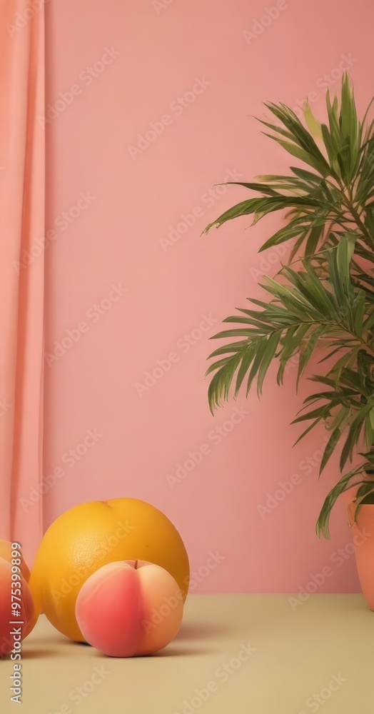A still life composition featuring a vibrant pink background, a potted palm plant, and two peaches and an orange. A still life composition featuring a vibrant pink background, a potted palm plant, and two peaches and an orange.