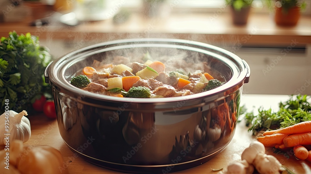 A slow cooker simmering a hearty meal, with steam rising and vegetables chopped neatly next to it on the countertop. A slow cooker simmering a hearty meal, with steam rising and vegetables chopped neatly next to it on the countertop.