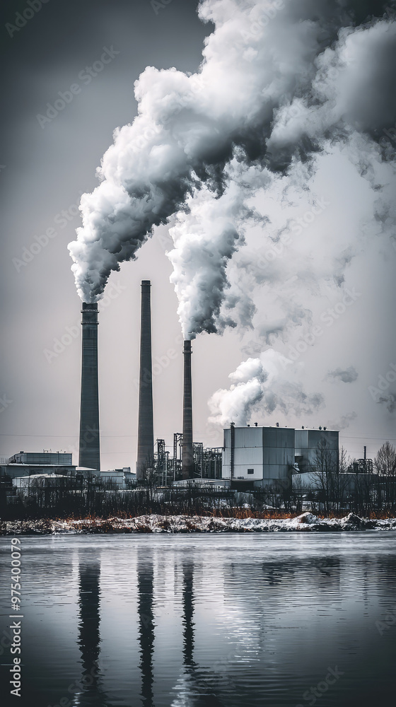 A factory with towering smoke stacks releasing steam into atmosphere, reflecting on waters surface. industrial scene evokes sense of power and environmental concern A factory with towering smoke stacks releasing steam into atmosphere, reflecting on waters surface. industrial scene evokes sense of power and environmental concern