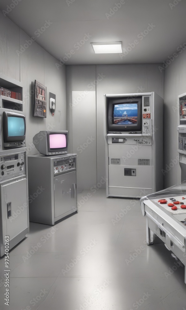 A room with various electronic devices, including a television, arcade cabinets, and a control panel, all in a monochromatic color scheme. A room with various electronic devices, including a television, arcade cabinets, and a control panel, all in a monochromatic color scheme.