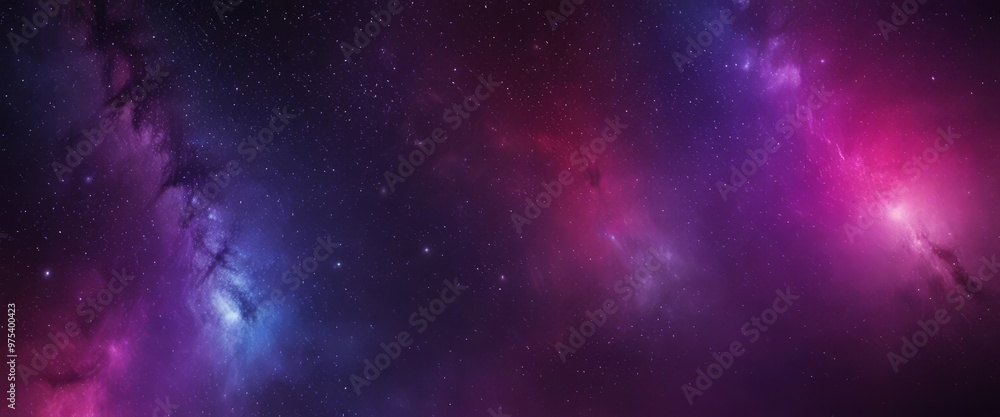 Fototapeta premium The image presents a cosmic scene with a deep purple nebula, a bright pink nebula, and a blue nebula, all set against a dark blue backdrop.