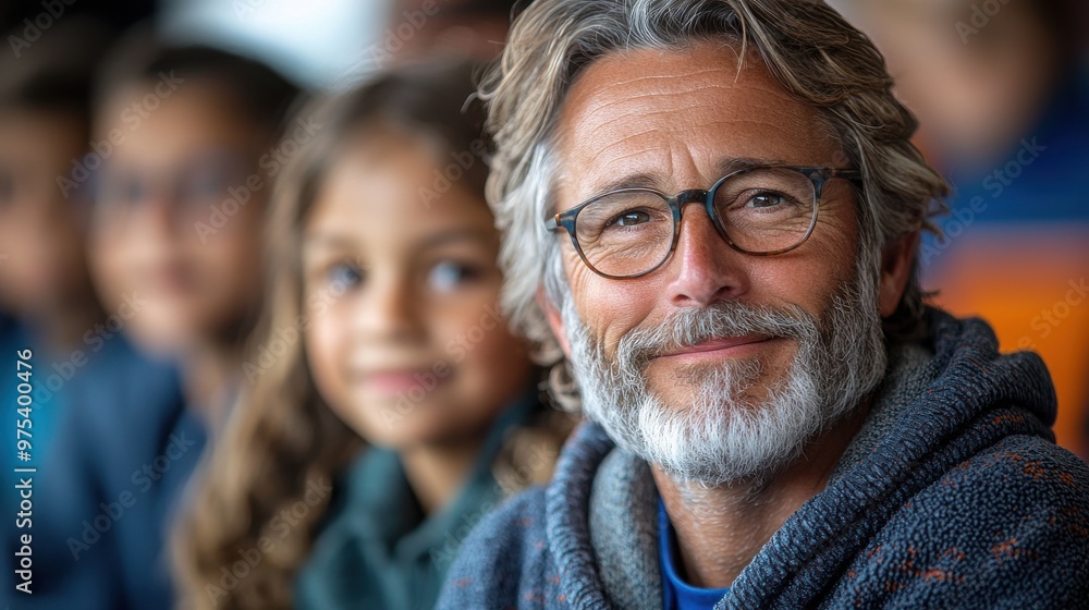 Smiling man enjoying an event with children nearby in a lively indoor setting during daytime Smiling man enjoying an event with children nearby in a lively indoor setting during daytime