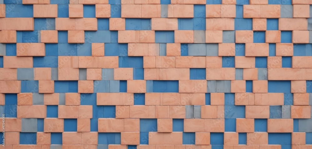 A close-up view of a wall composed of rectangular tiles in shades of blue and orange, arranged in a grid-like pattern. A close-up view of a wall composed of rectangular tiles in shades of blue and orange, arranged in a grid-like pattern.