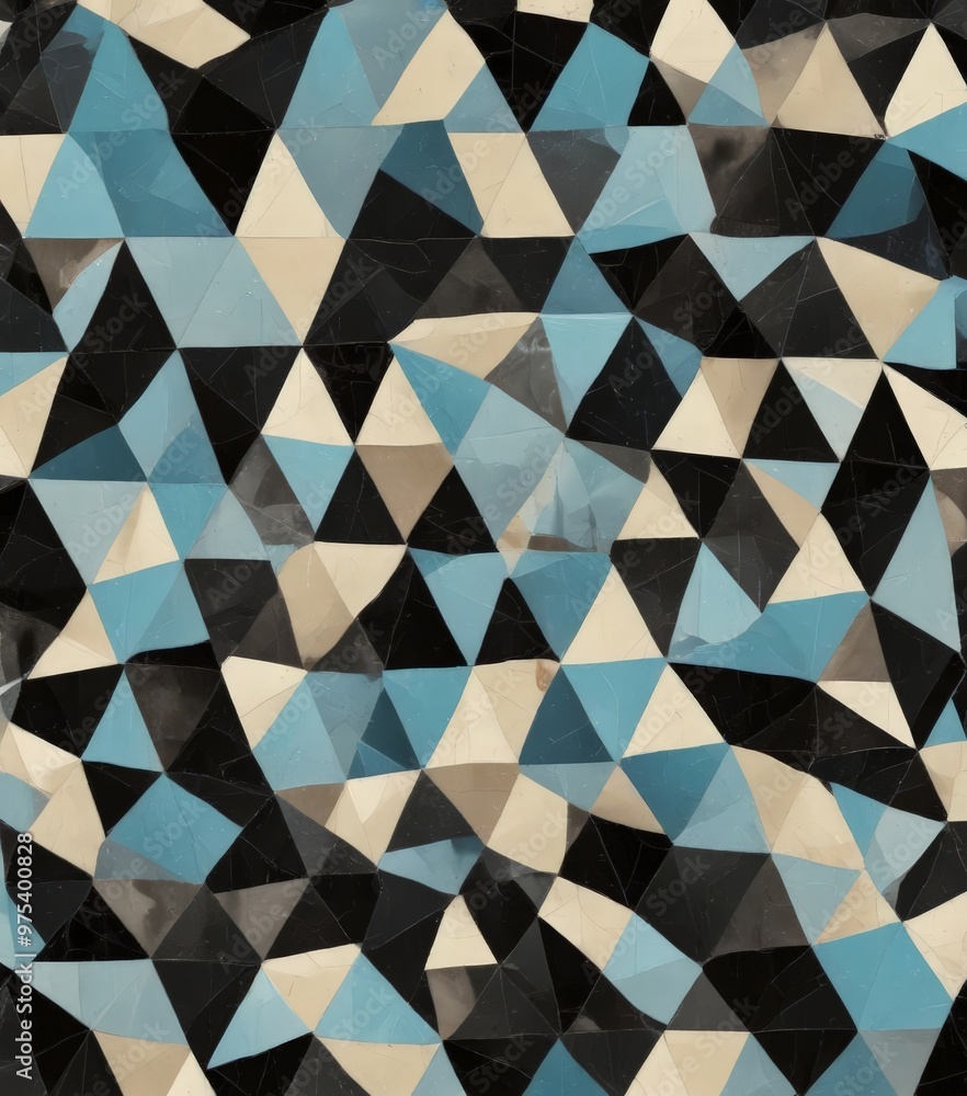 a geometric pattern composed of numerous triangular shapes in various shades of blue, black, and beige, creating a visually striking and abstract design. a geometric pattern composed of numerous triangular shapes in various shades of blue, black, and beige, creating a visually striking and abstract design.