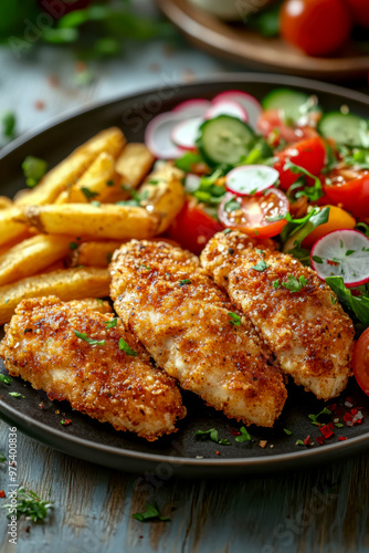 a plate of crispy, golden chicken tenders and seasoned fries. AI generative.