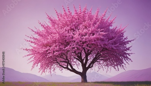 A vibrant pink tree with numerous branches stands in a grassy field, surrounded by mountains and a clear sky. photo