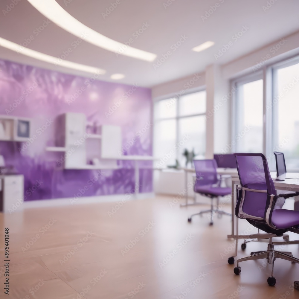 Fototapeta premium A modern office space with a purple accent wall, white furniture, and large windows.