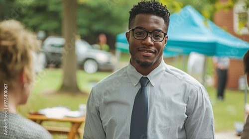 An enthusiastic public servant interacts with community members at a local gathering, sharing insights on upcoming initiatives.