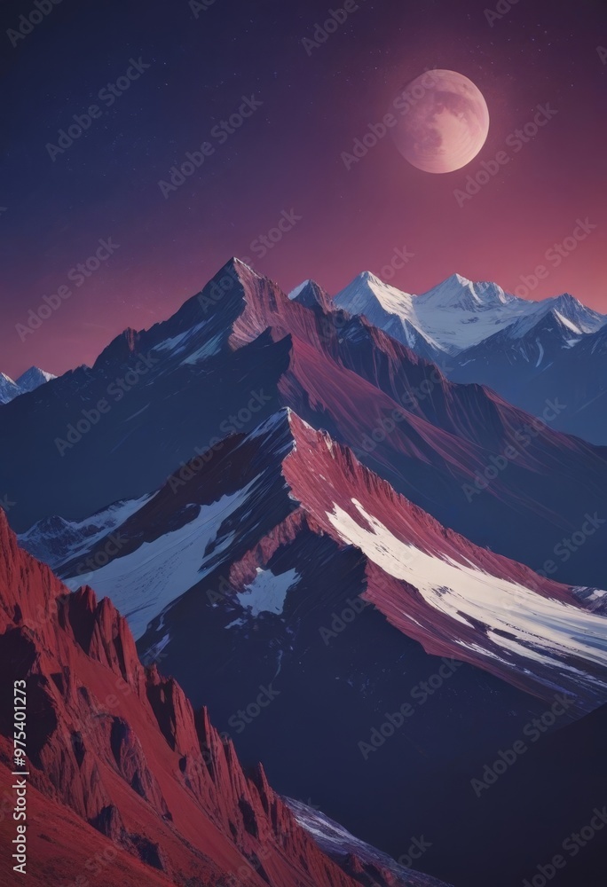 A large, full moon shines brightly over a mountainous landscape, casting a serene glow on the snow-capped peaks and the reddish-brown mountains below. A large, full moon shines brightly over a mountainous landscape, casting a serene glow on the snow-capped peaks and the reddish-brown mountains below.