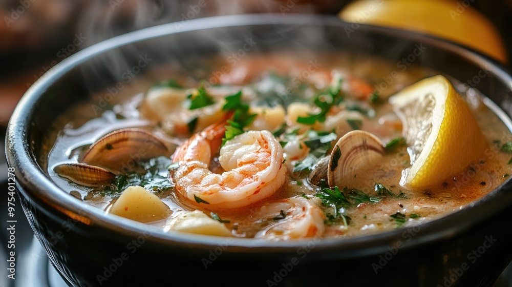 A steaming bowl of seafood chowder with visible shrimp, clams, and potatoes, garnished with fresh herbs and a slice of lemon. A steaming bowl of seafood chowder with visible shrimp, clams, and potatoes, garnished with fresh herbs and a slice of lemon.