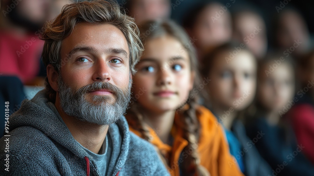 A father and daughter watching a performance with a captivated audience in the background during a cultural event A father and daughter watching a performance with a captivated audience in the background during a cultural event