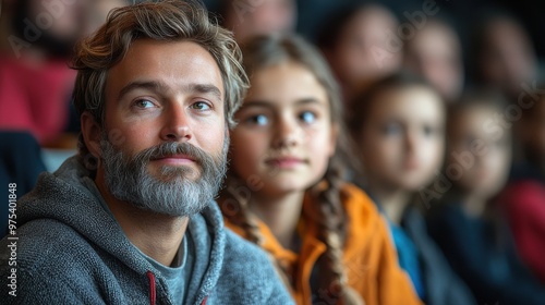 A father and daughter watching a performance with a captivated audience in the background during a cultural event